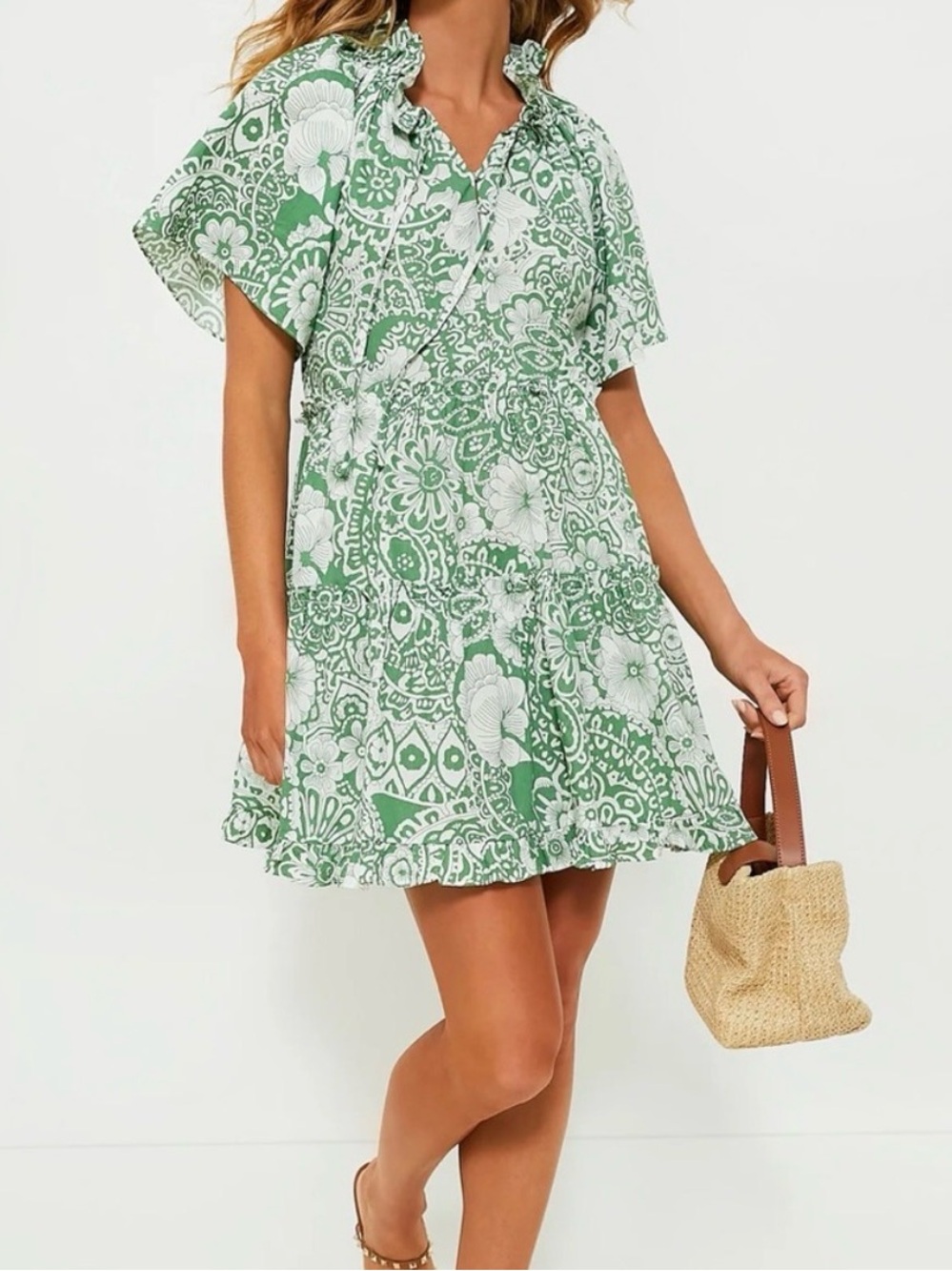 HYACINTH HOUSE Green and White Tiered Thea Mini Dress Size Small